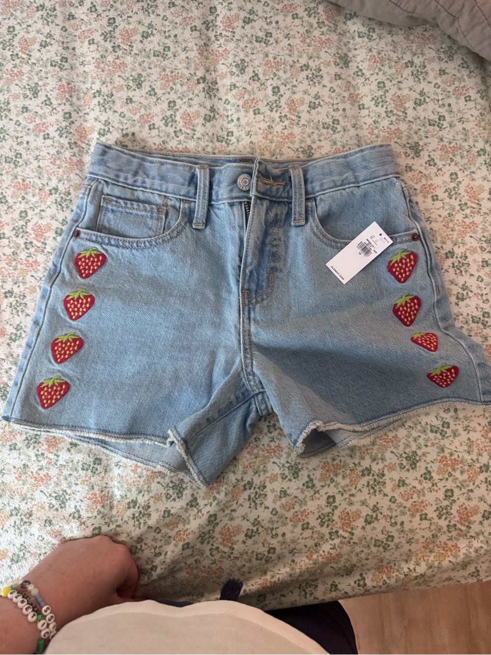 Old Navy Light Blue Denim Shorts with Red Strawberry Patches